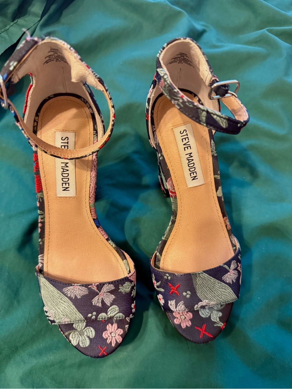 Steve Madden Navy Floral Ankle-Strap Block Heels